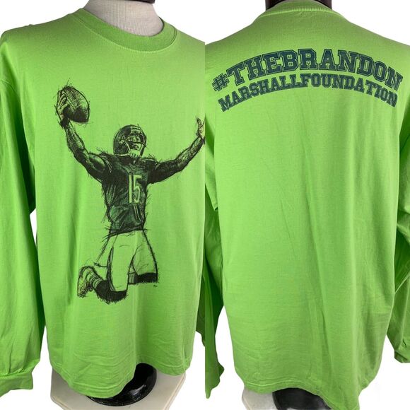 Large Men's The Brandon Marshall Foundation Bright Green Long Sleeve Logo Tshirt - Picture 1 of 8